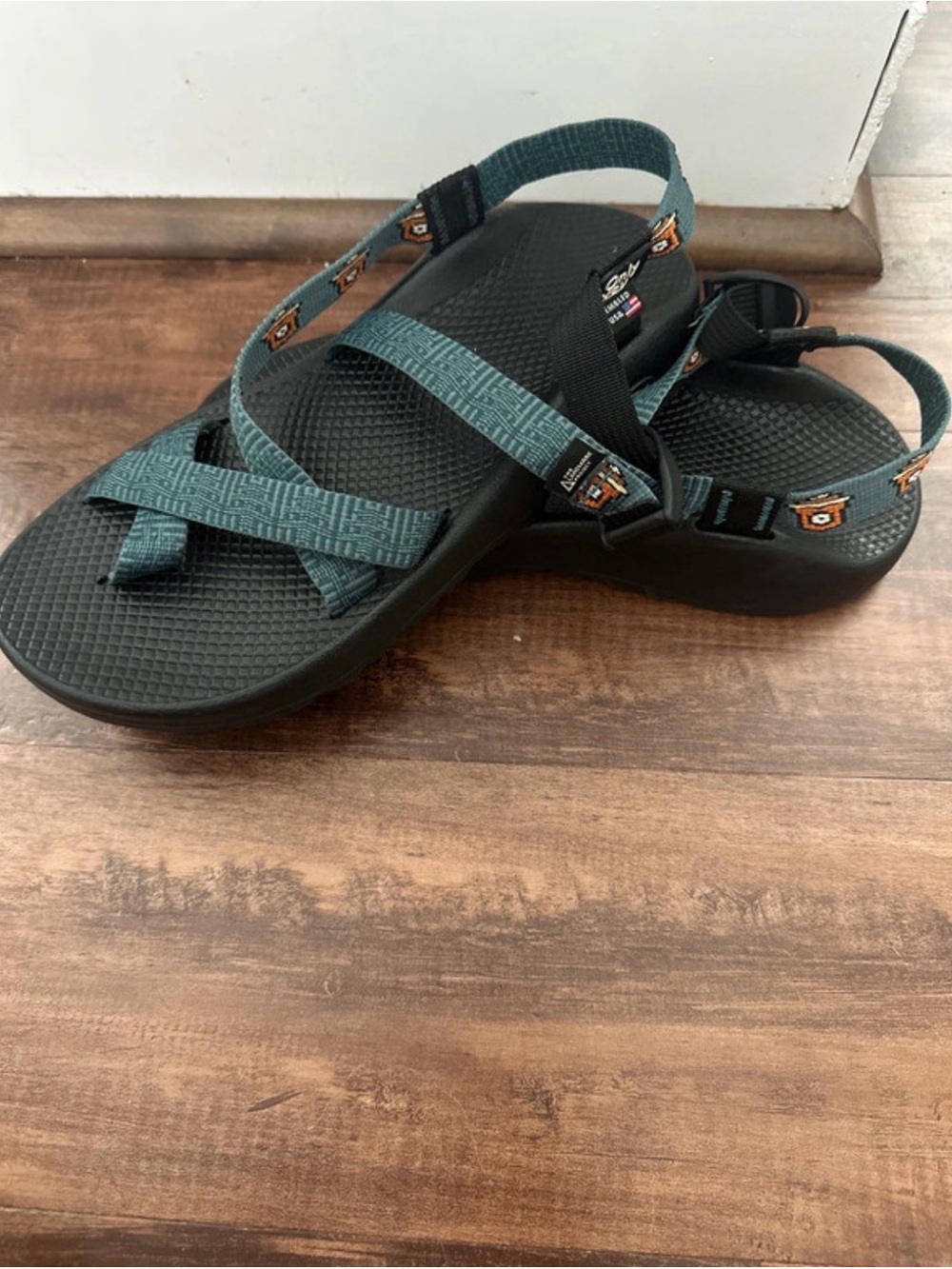 Chaco Men's Teal Smokey the Bear Patterned Strap Sandals with Black Footbed